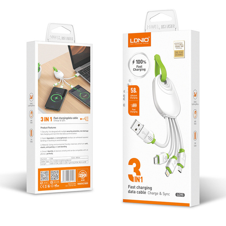 کابل تبدیل USB به microUSB / USB-C / لایتنینگ الدینیو مدل LC95 طول 0.15 متر