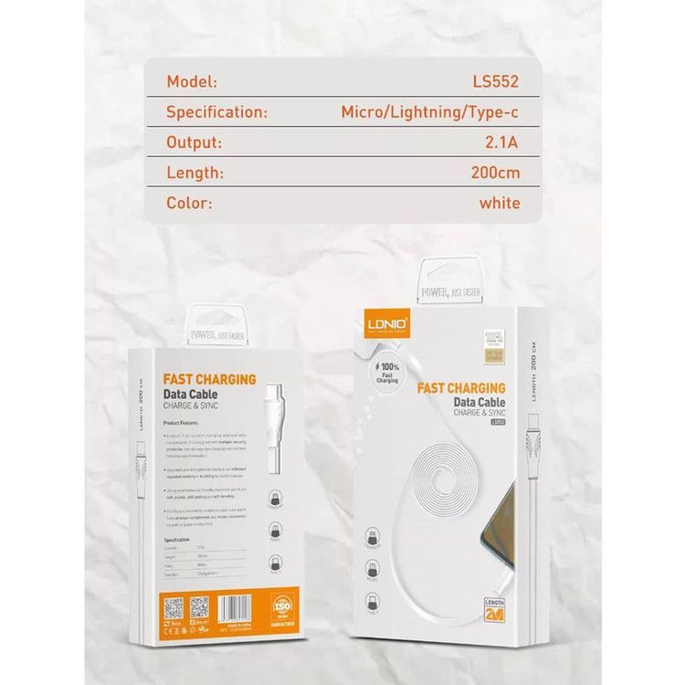 کابل شارژ TYPE C فست شارژ Ldnio LS552 2m