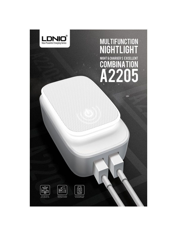 آداپتور سفید 2 پورت LDNIO دارای چراخ خواب مدل A2205